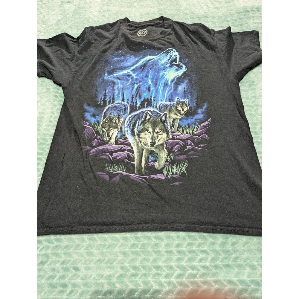 DOM‎ Wolf Graphic T-Shirt Mens Large Black Howling Spirit Nature Tee Cotton
